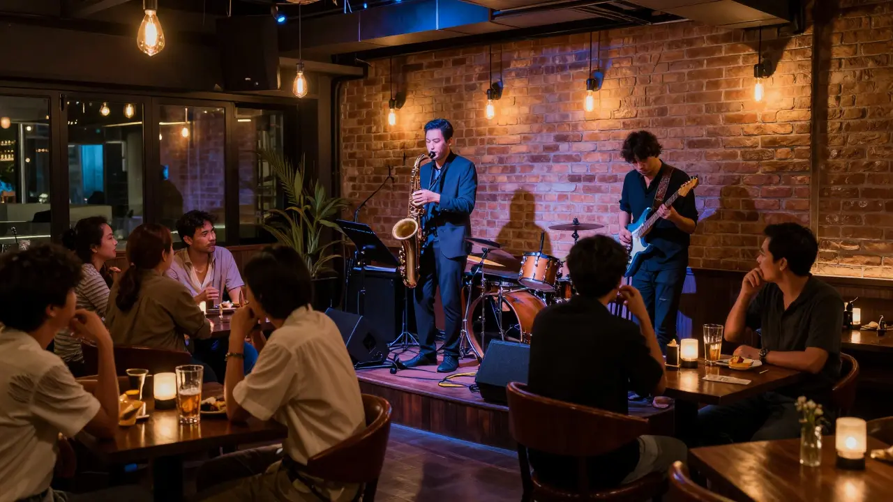 Blues and jazz musicians playing on a cozy stage in a dimly lit, sophisticated Bangkok lounge with attentive patrons.