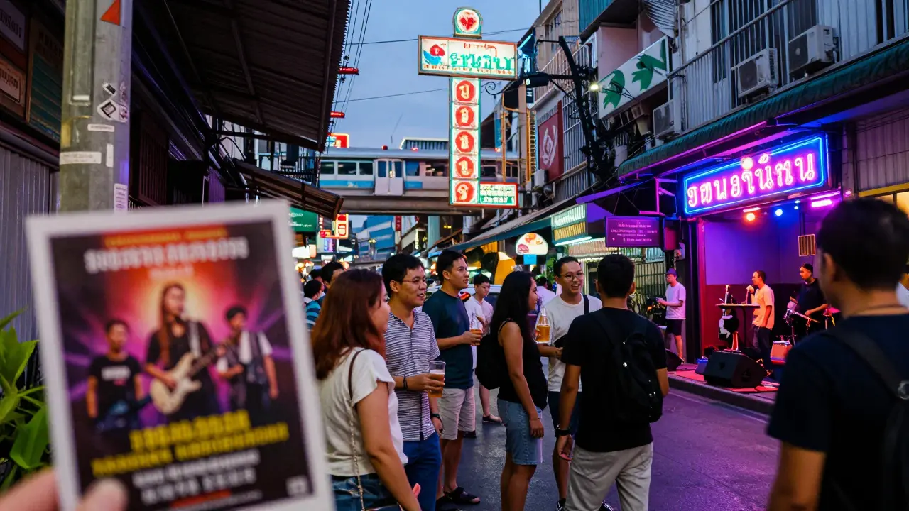 Bustling Bangkok alley at dusk with neon signs and crowds gathering outside a live music venue.