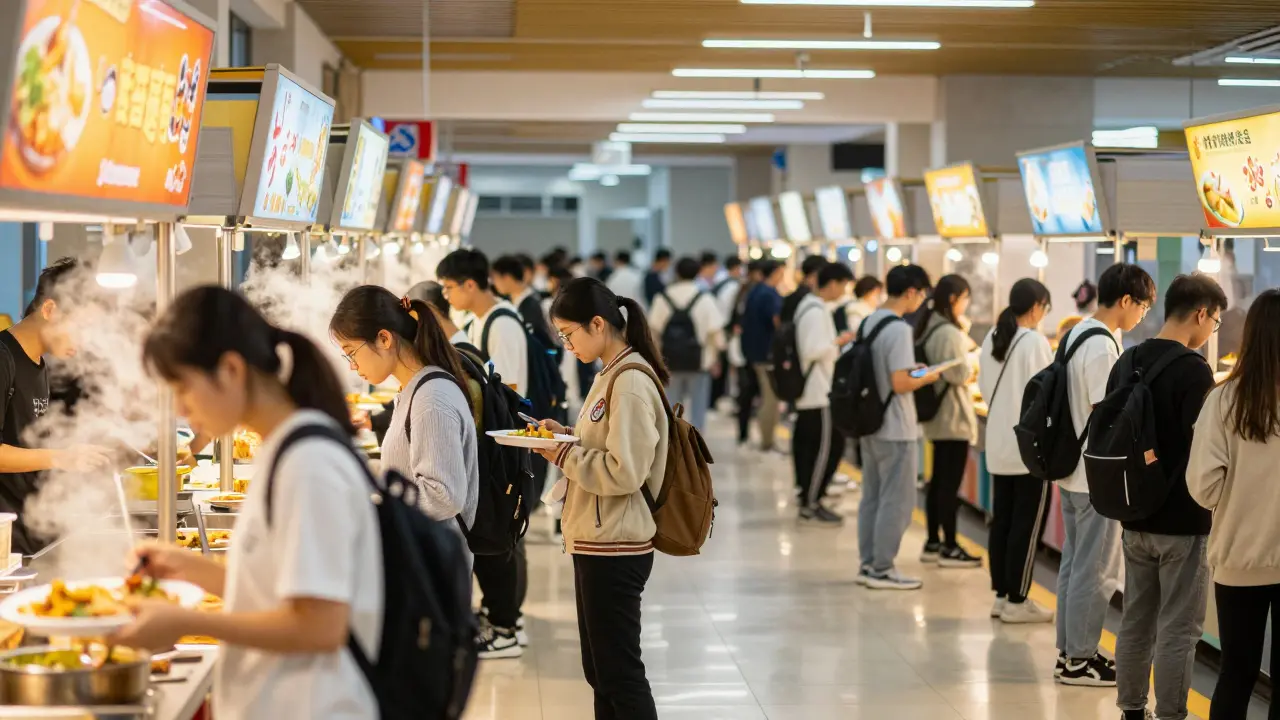 Crowded university food court with long lines of students waiting for dinner.