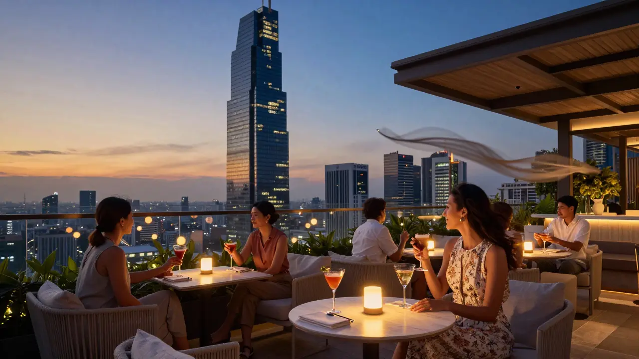 Elegant patrons enjoying cocktails at a high-end rooftop lounge overlooking Bangkok skyline.