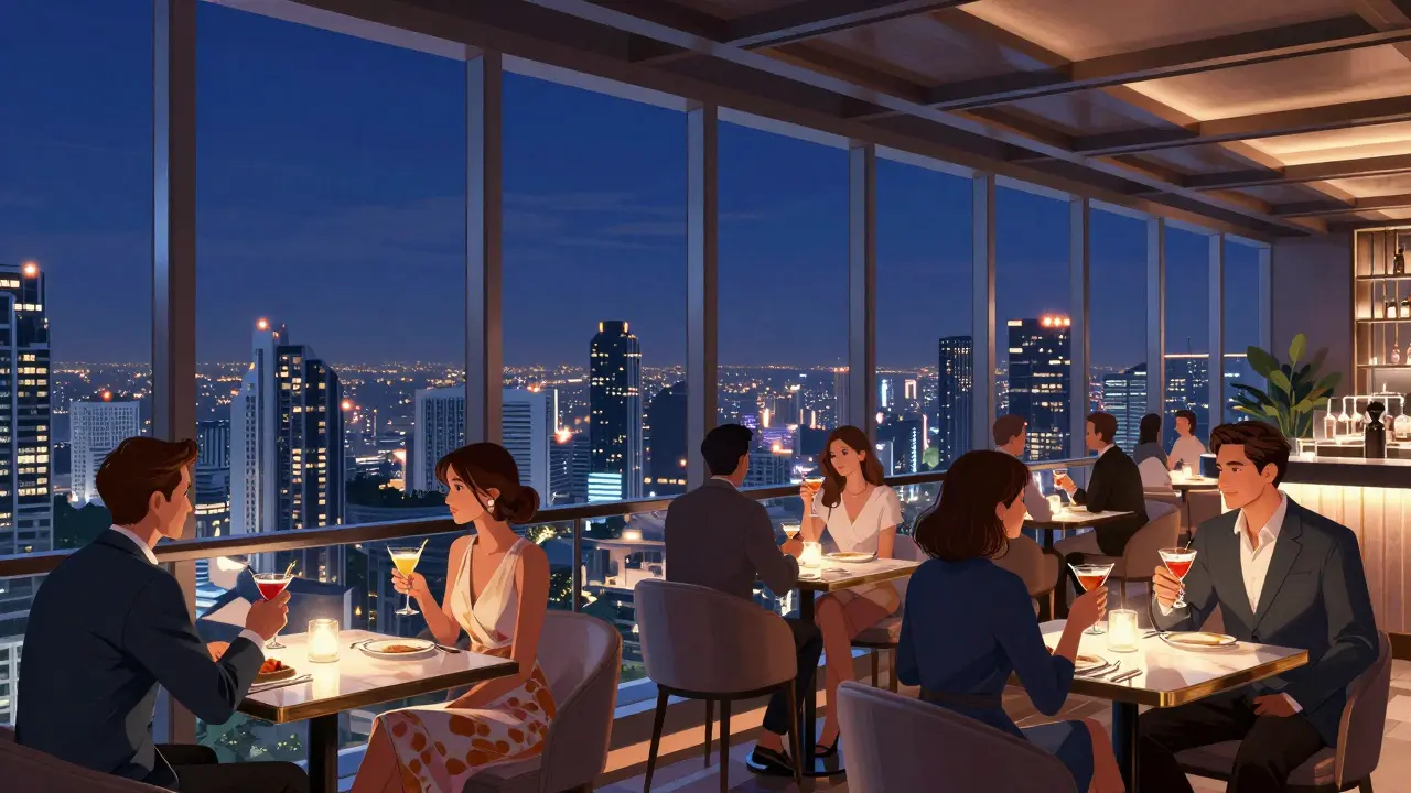 Elegant patrons enjoying cocktails inside a luxurious high-rise rooftop bar with city views