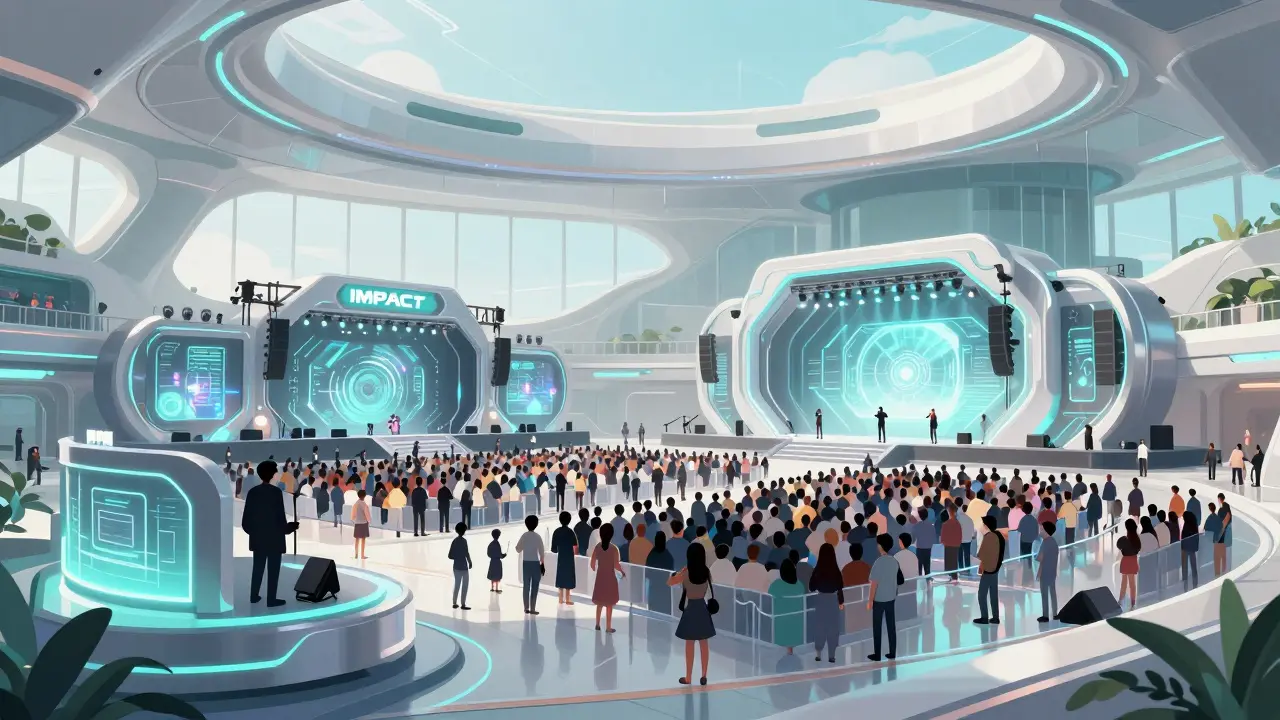 Futuristic indoor music festival arena with multiple stages and holographic lights