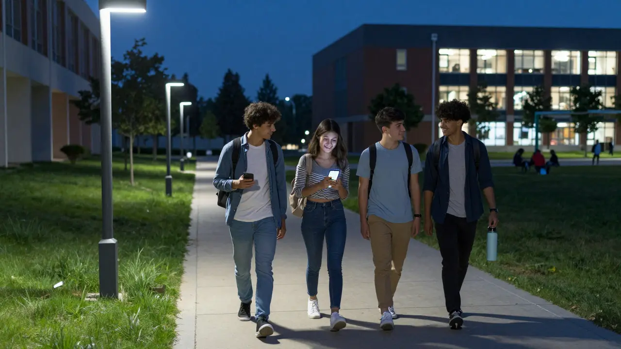 Group of students walking safely on a well-lit campus path at night with phones.