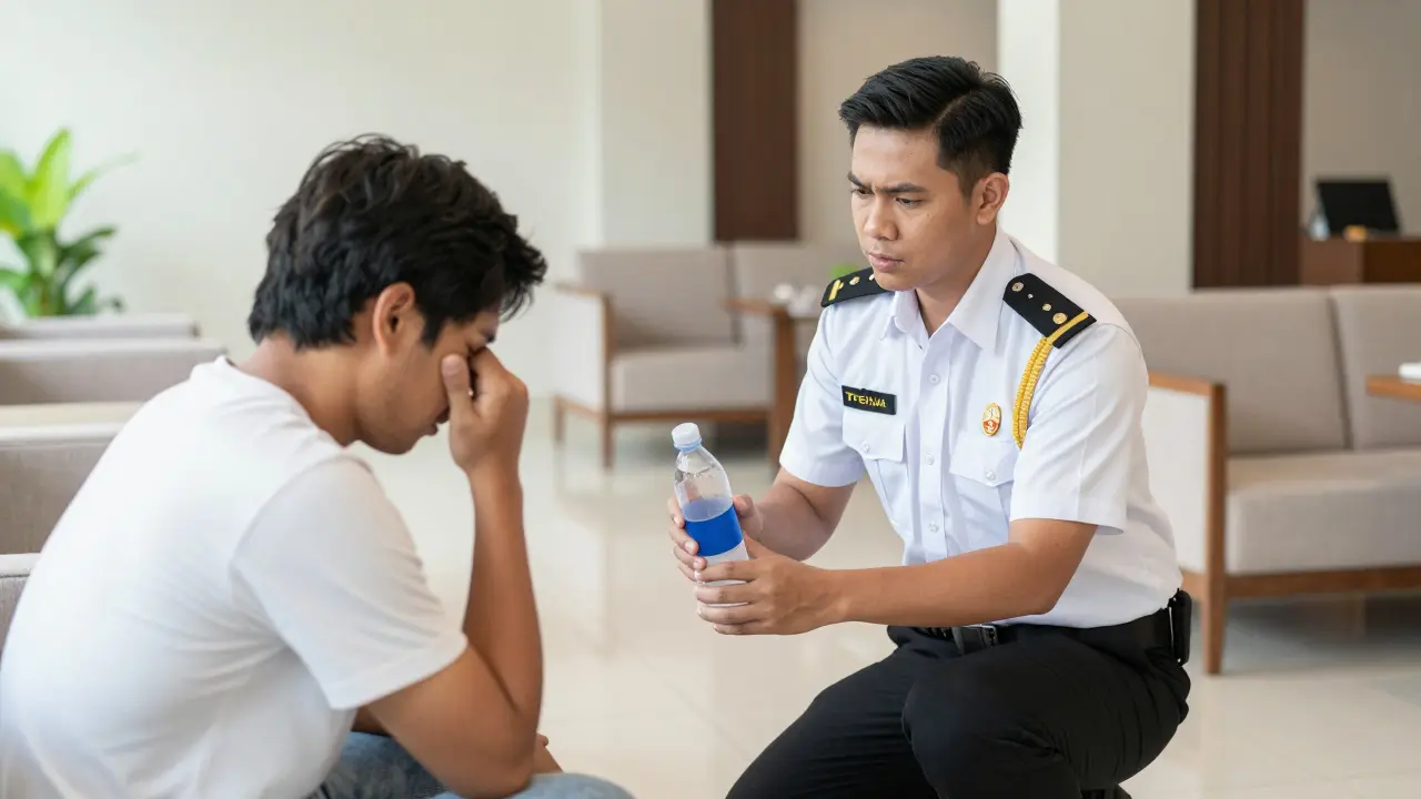 Hotel staff assisting an unwell guest with water in a quiet rest area