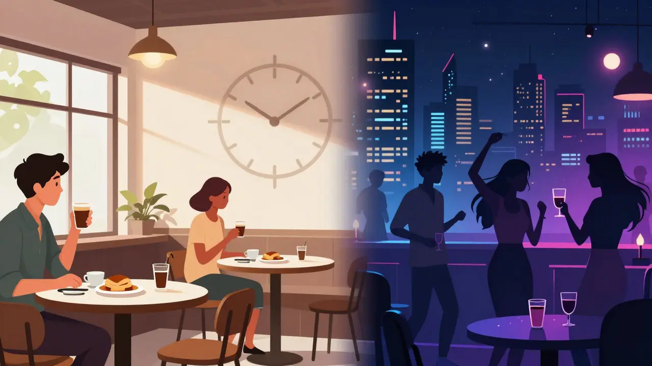 Illustration showing the transition from day to night karaoke sessions.
