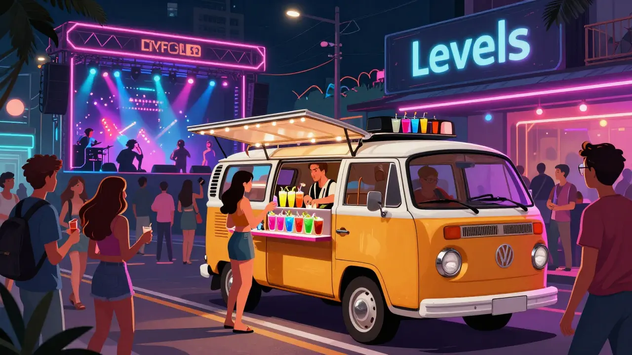 Mobile cocktail van serving drinks on busy Sukhumvit Soi 11 party street at night.