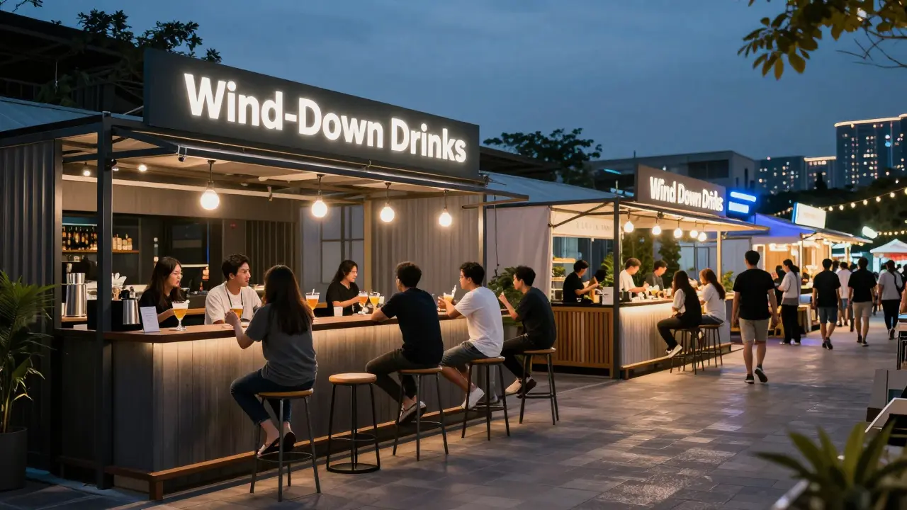 People relaxing with drinks at integrated bars in a modern night market