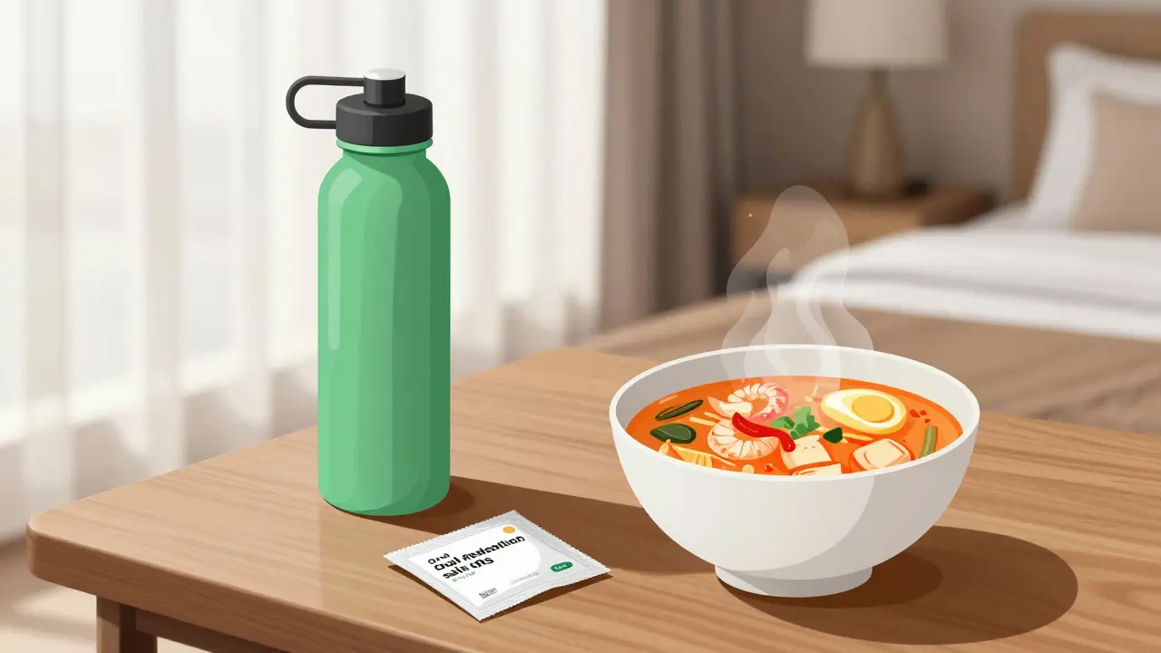 Recovery setup with water, ORS salts, and soup in a hotel room