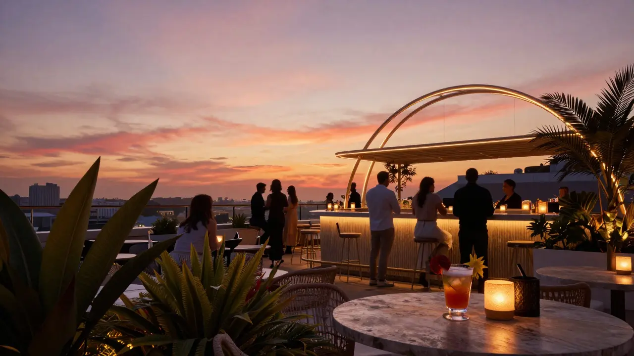 Rooftop bar guests watching a colorful sunset over Bangkok with glowing architectural accents