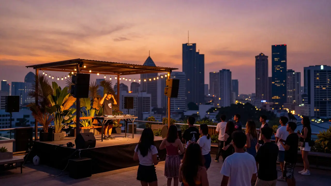 Rooftop DJ set at sunset with city skyline view in Bangkok