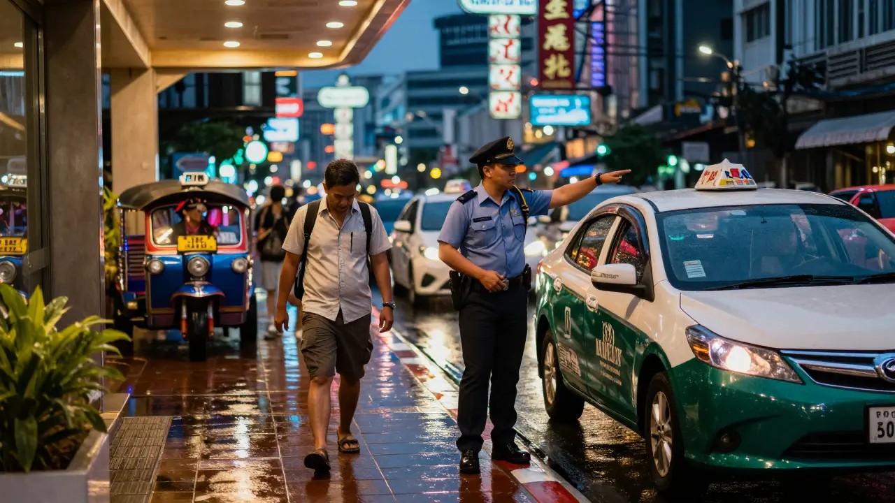 Security guard escorting a tourist to a safe taxi outside a venue at night