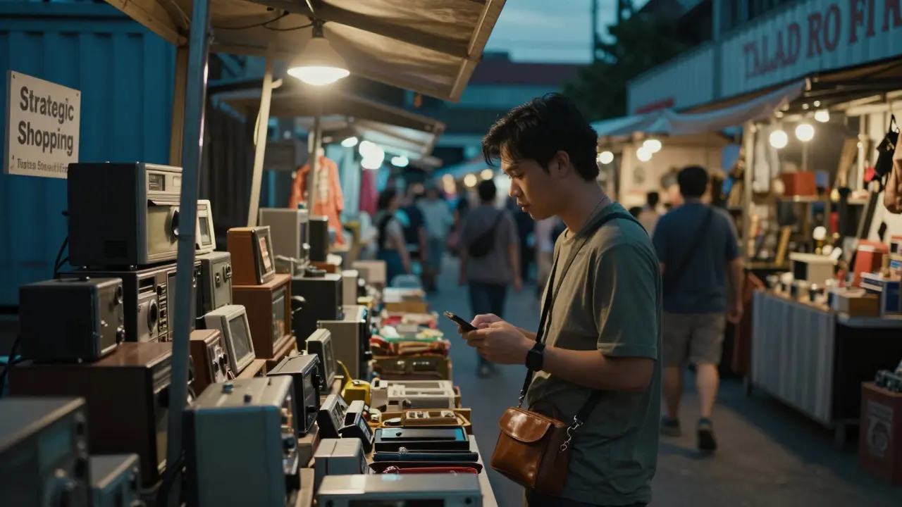 Shoppers browsing vintage items in dimly lit container market stalls