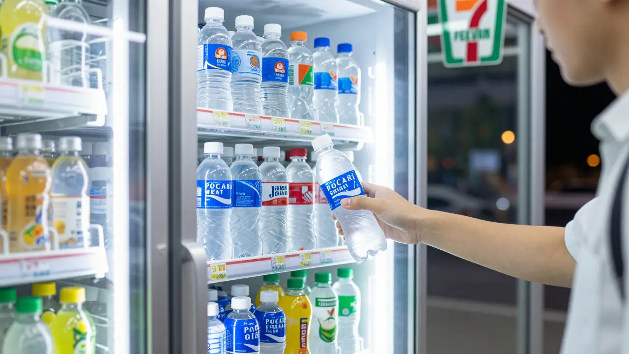 Traveler buying chilled electrolyte drink from 7-Eleven cooler in Bangkok
