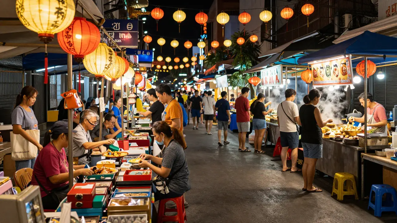 Busy Bangkok night market with food stalls and shoppers