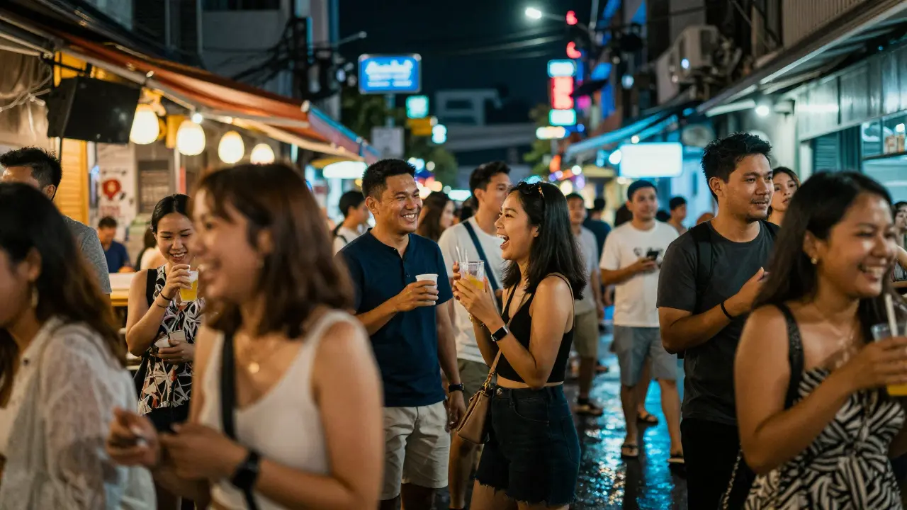 Diverse crowd socializing at Sukhumvit Soi 11 nightlife
