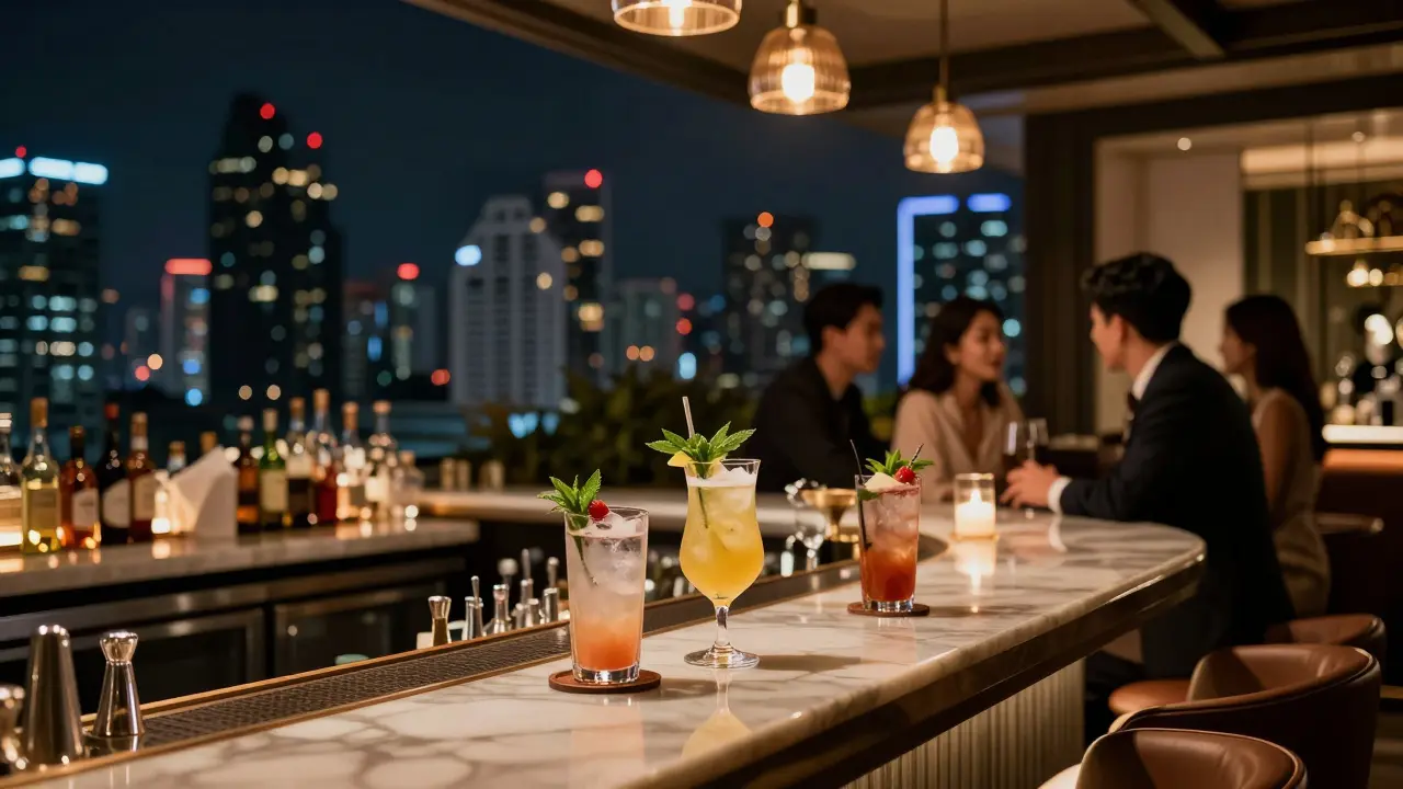 Elegant rooftop bar in Bangkok with skyline view and cocktails