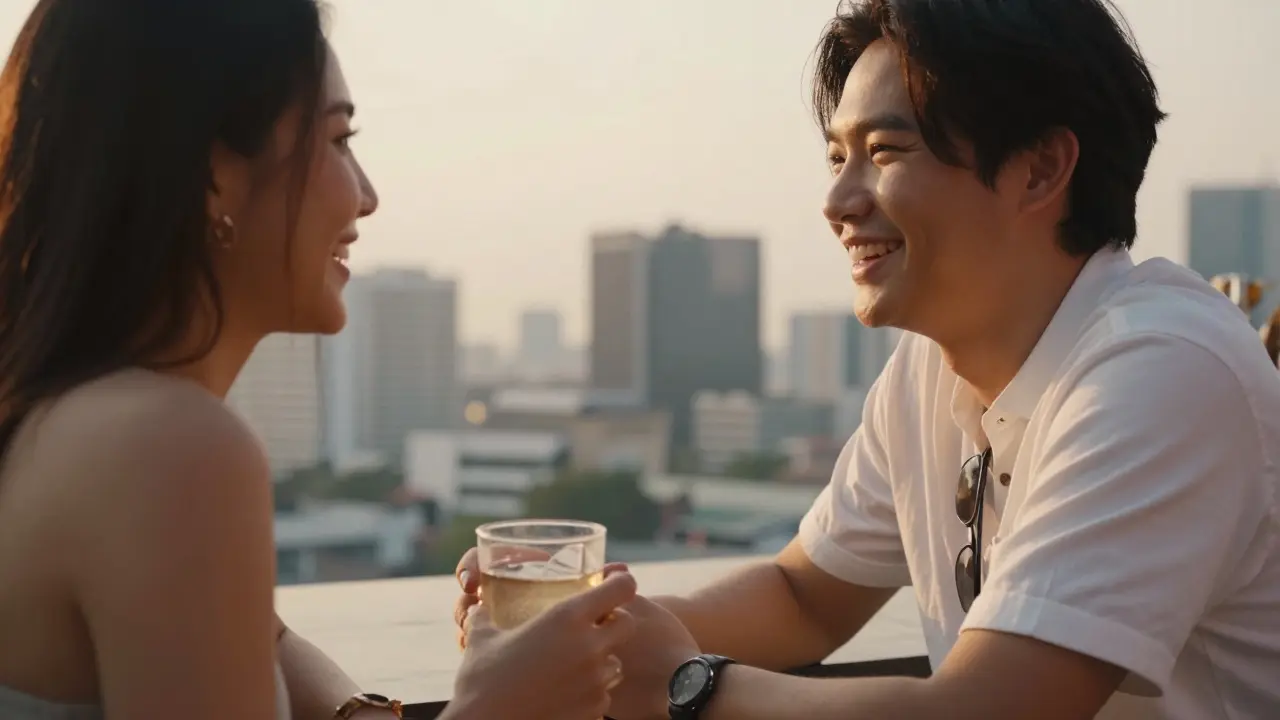People chatting at a rooftop bar with Bangkok skyline
