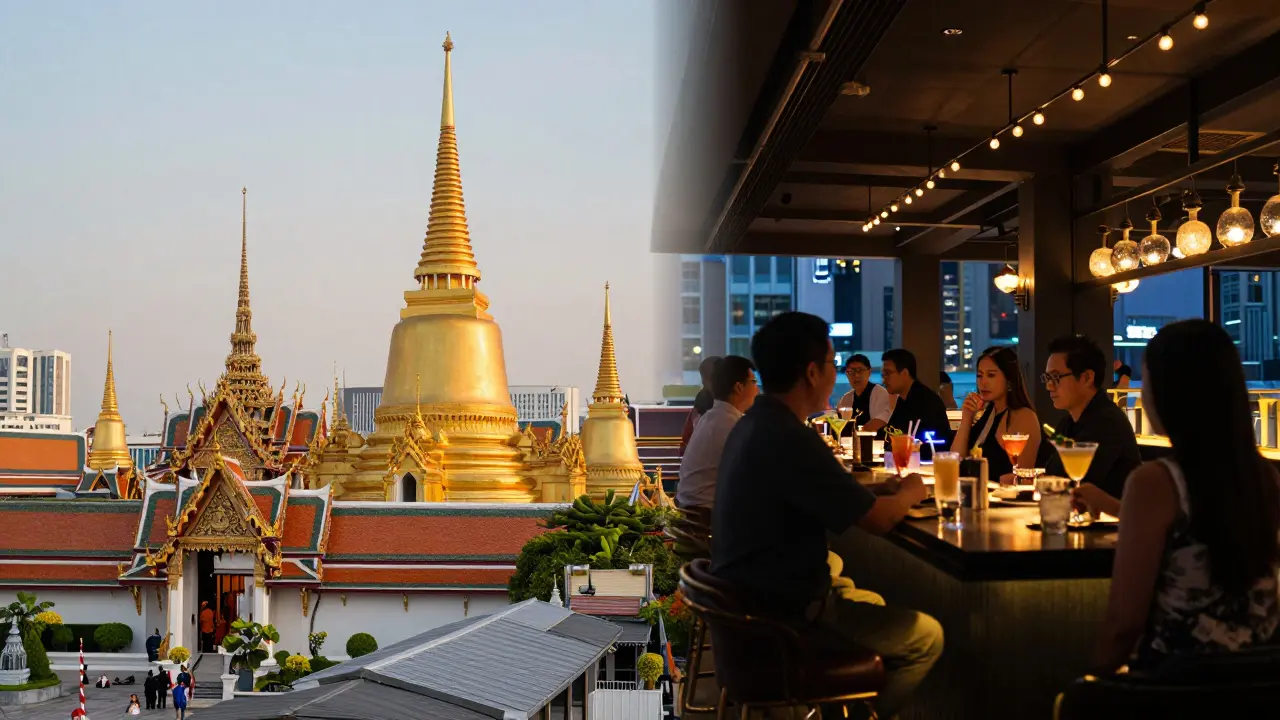 Split view of a Thai temple and a modern rooftop bar in Bangkok