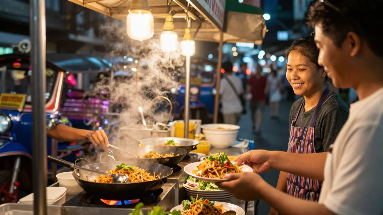 Street food vendor cooking pad thai at a busy Bangkok night market