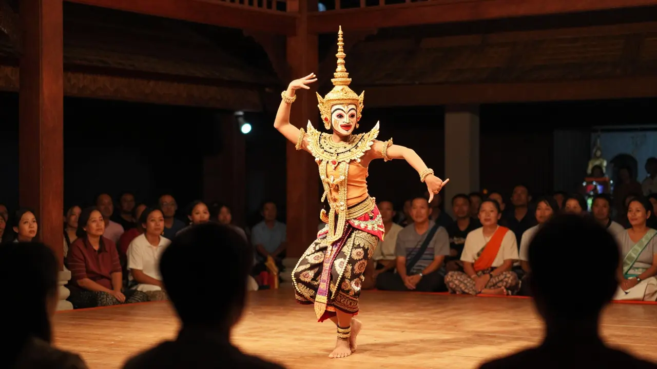 Traditional Thai Khon dancer performing in golden costume under stage lights