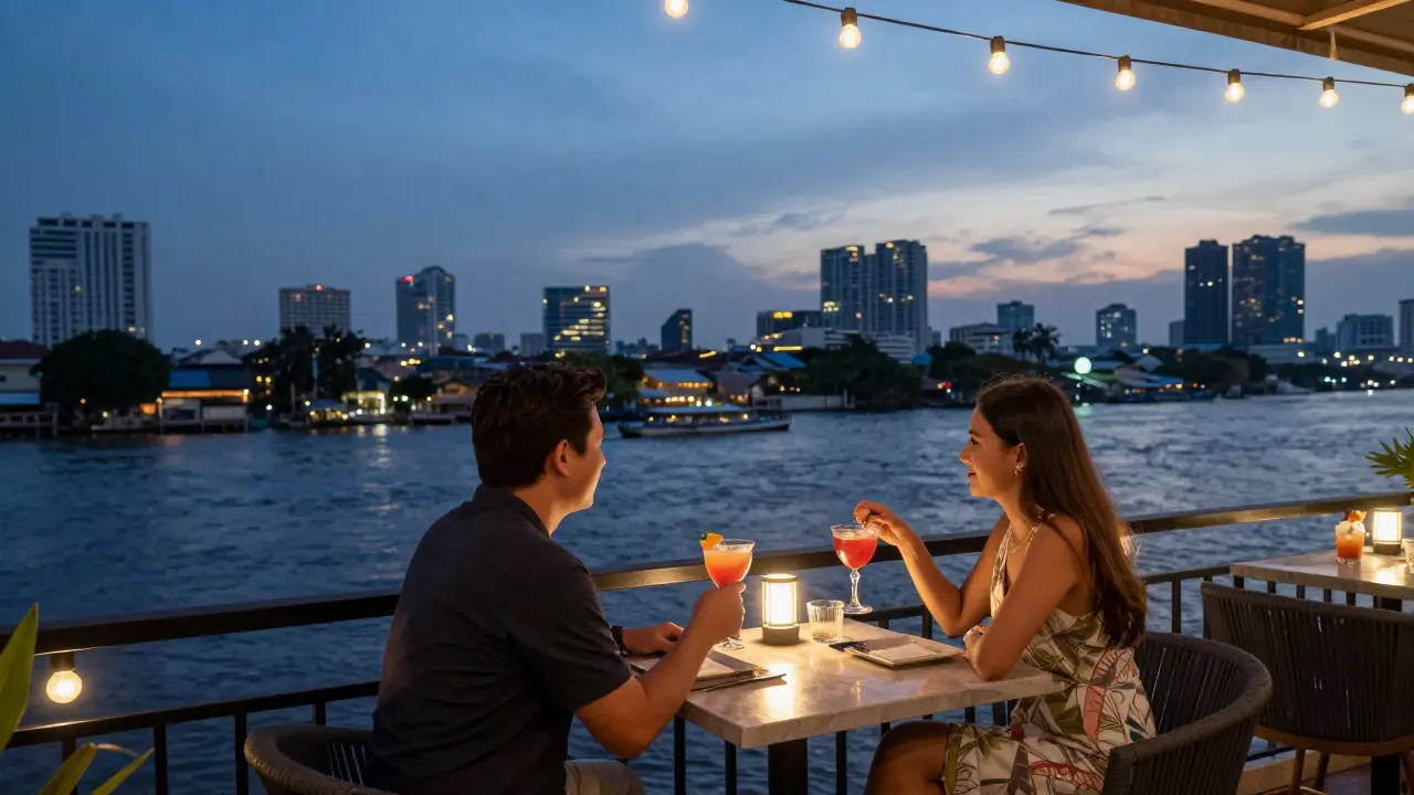 Travelers enjoying cocktails on a riverside balcony with Bangkok skyline at dusk